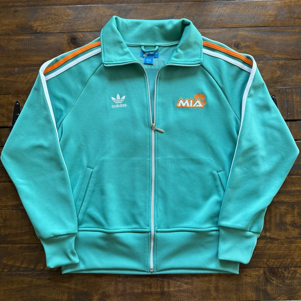 adidas Turquoise Varsity Jacket with Orange and White Details